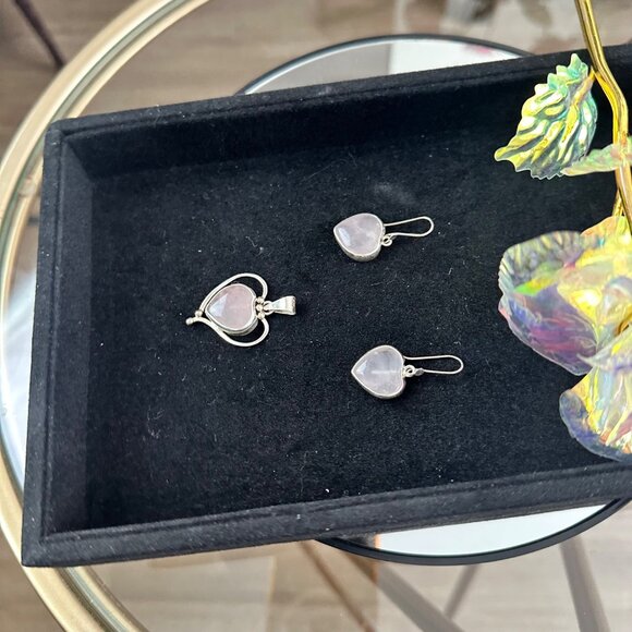 Heart-Shaped Rose Quartz Earrings & Pendant Set In Silver 925 Frame Handmade & C - Picture 3 of 9